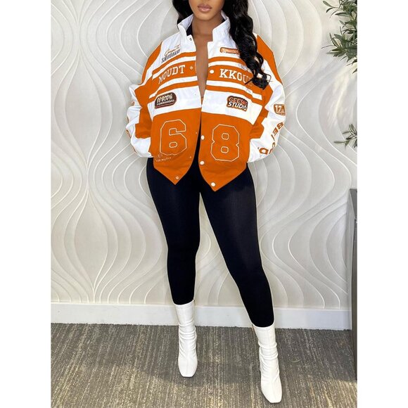 Women Varsity Jacket Motorcycle Racer Detachable Letter Graphic Jackets Orange - Picture 2 of 5